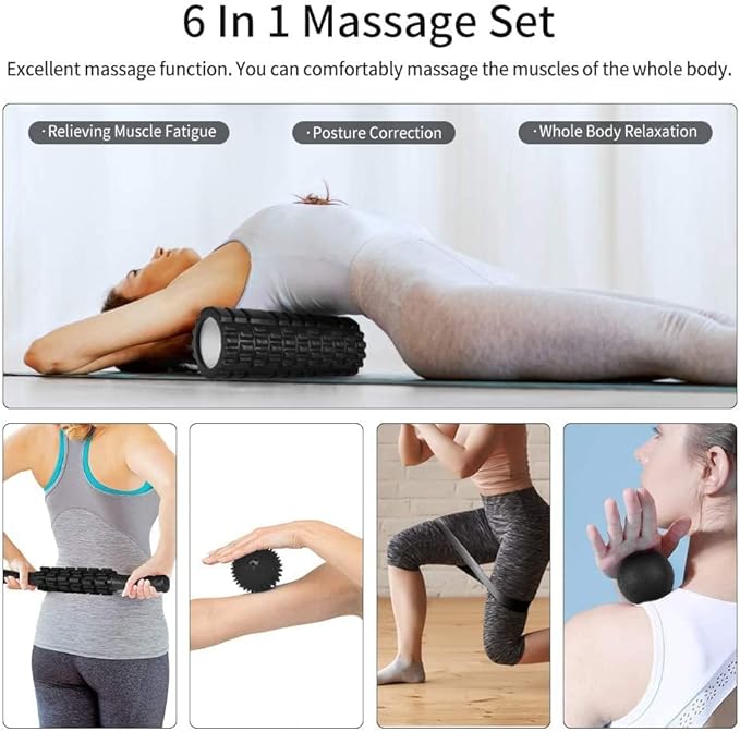 6 in 1 Foam Roller Set Includes Hollow Core Massage Roller, Yoga Stick, Massage Ball, Fitness