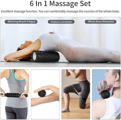 6 in 1 Foam Roller Set Includes Hollow Core Massage Roller, Yoga Stick, Massage Ball, Fitness