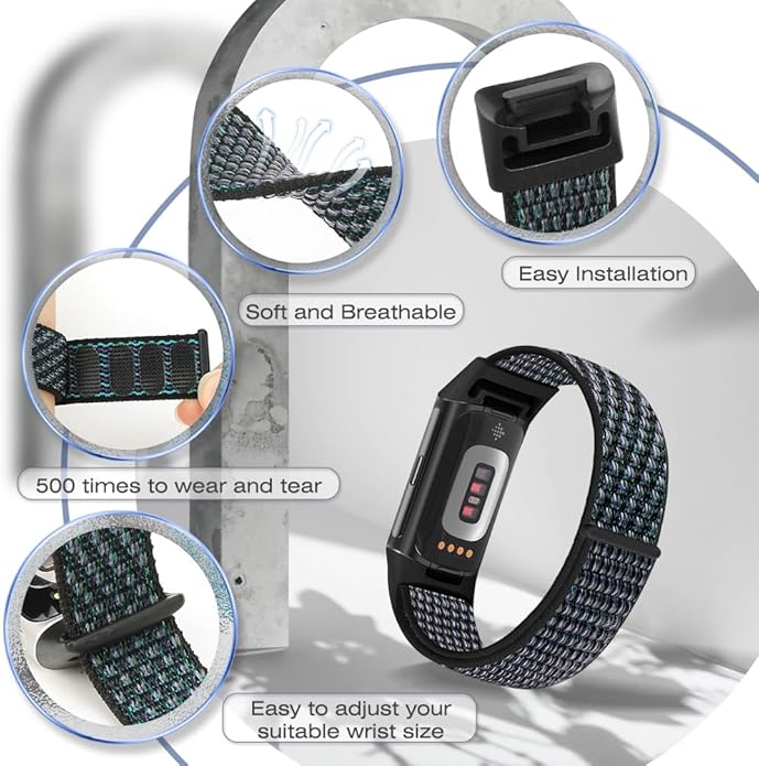 Sport Loop Nylon Watch Bands Compatible with Fitbit Charge 6/5, Adjustable Breathable Replacement