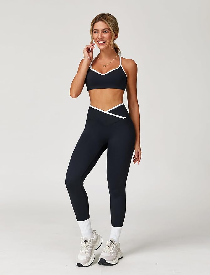 ABOCIW Workout Sets for Women 2 Piece Color Block Strappy Sports Bra High Waist Leggings Gym Yoga