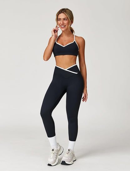 ABOCIW Workout Sets for Women 2 Piece Color Block Strappy Sports Bra High Waist Leggings Gym Yoga
