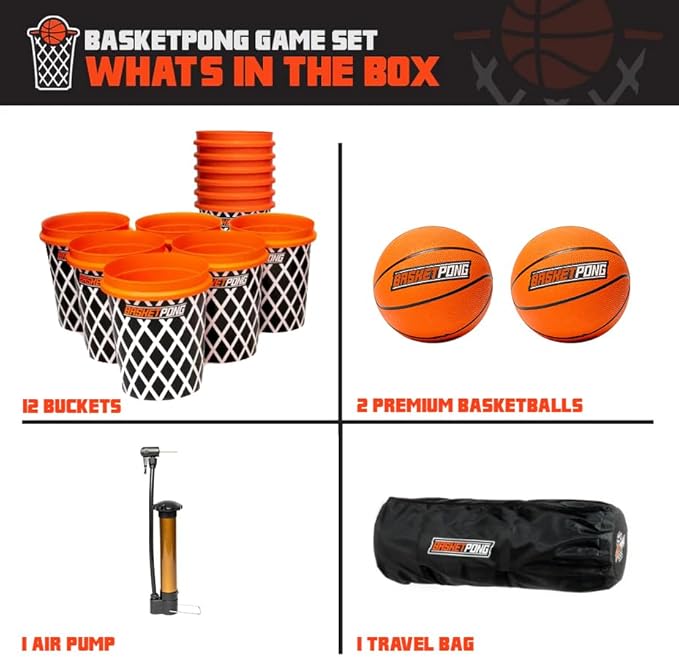 Giant Yard Pong and Basketball Game with 12 Buckets, 2 Balls, Carrying Bag, and Air Pump – Outdoor