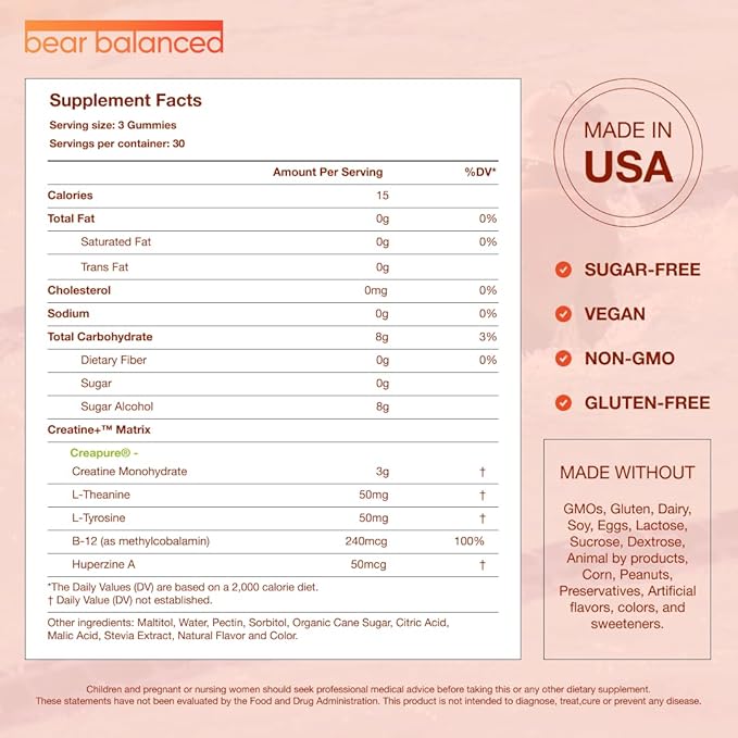 Creatine Gummies for Men & Women - Creapure® Creatine Monohydrate, L-Theanine, L-Tyrosine & B12 for