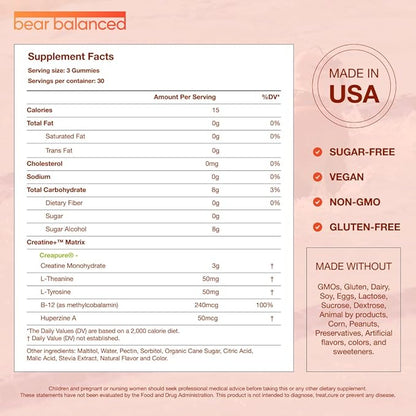 Creatine Gummies for Men & Women - Creapure® Creatine Monohydrate, L-Theanine, L-Tyrosine & B12 for
