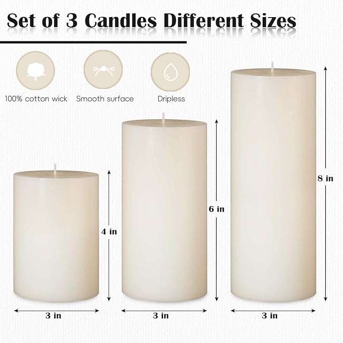3 Packs Different Sizes Ivory Pillar Candles, Non-Toxic Unscented Dripless Smokeless 3x4, 3x6, 3x8