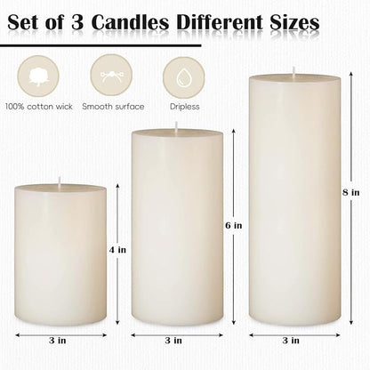 3 Packs Different Sizes Ivory Pillar Candles, Non-Toxic Unscented Dripless Smokeless 3x4, 3x6, 3x8