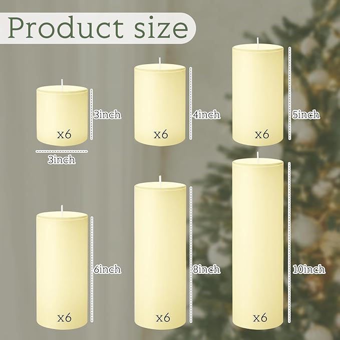 Shihanee 36 Pcs Pillar Candles 3 in x 3,4,5,6,8,10 Dripless Unscented Smokeless Candle Long Burning