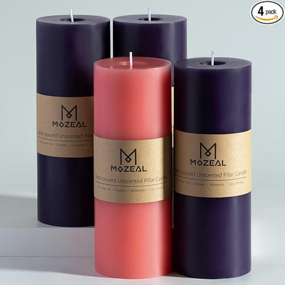 MOZEAL 3" x 8" Hand-Poured, Unscented Pillar Candles. Each Offers Approx 150 Hours of Clean