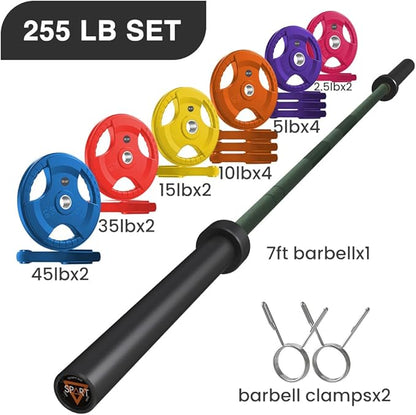7FT Olympic Barbell Bar with Weight Plate Set Combo, Solid Olympic Bar with Bearings, 700Lbs