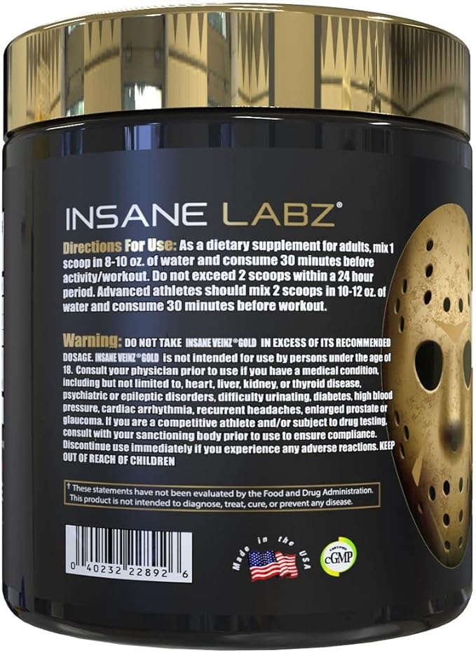 Insane Labz Insane Veinz Gold, Nitric Oxide Non Stimulant pre Workout Powder, Loaded with Hydromax