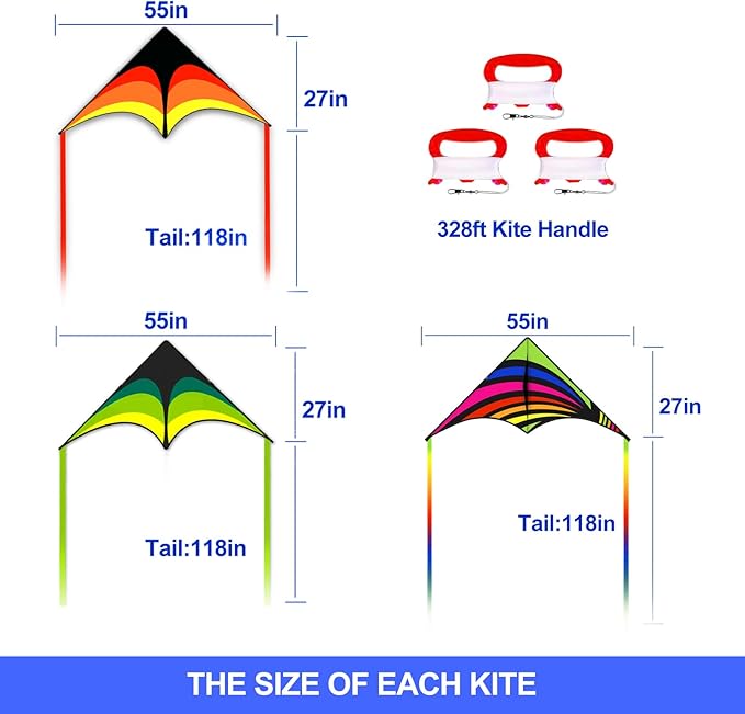 3 Pack Delta Kite Set for Adults and Kids, Single Line Beach Kites for Boys & Girls, Three Handle