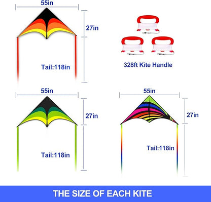 3 Pack Delta Kite Set for Adults and Kids, Single Line Beach Kites for Boys & Girls, Three Handle