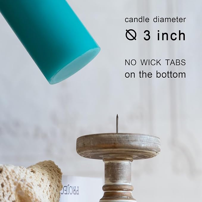 MOZEAL 3" x 6" Hand-Poured Unscented Turquoise Pillar Candles,Dripless Candles Set of 3,Long