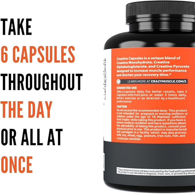 Crazy Muscle Creatine Capsules, 5g of Premium 3X ThreeAtine Pre Workout Bulk Mass Gainer, High