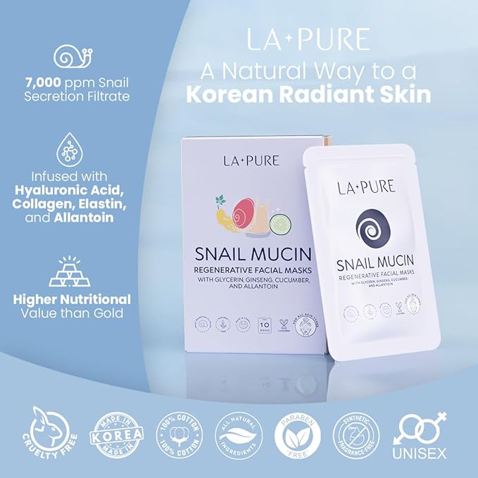 Snail Mucin Mask ??10ct Korean Sheet Mask Pack for Signs of Aging, Aid Skin Repair & Hydration