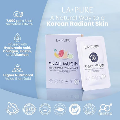 Snail Mucin Mask ??10ct Korean Sheet Mask Pack for Signs of Aging, Aid Skin Repair & Hydration