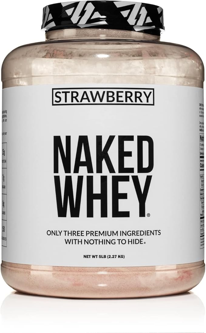 NAKED Strawberry Whey Protein - All Natural Grass Fed Whey Protein Powder + Dried Strawberries +