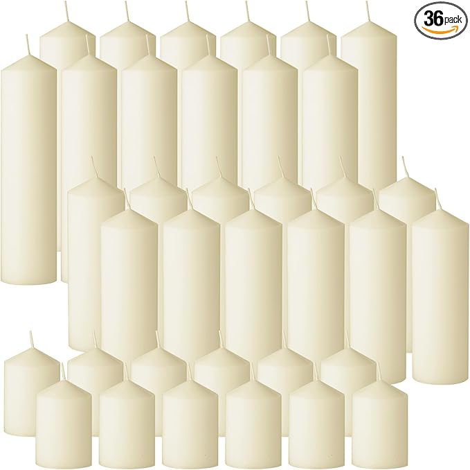 36PC Lvory Pillar Candles Bulk 2 in x 3, 6, 8 Inch Long Burning Wax Pillar Candles Unscented