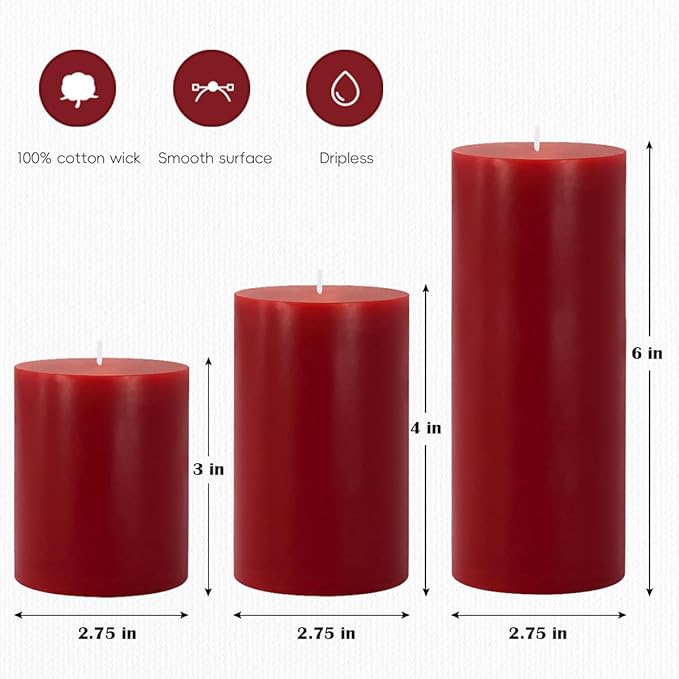 Set of 3 Different Size Red Burgundy Pillar Candles, Unscented Dripless 2.75x3, 2.75x4, 2.75x6 Inch
