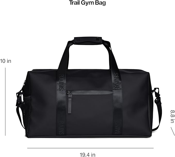 RAINS Trail Gym Bag - Black Waterproof Sports Duffel Bag for Men and Women with Shoulder Strap