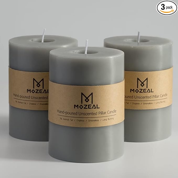 MOZEAL 3" x 4" Hand-Poured Unscented Candle,Dripless Pillar Candle Set of 3,Long Clean