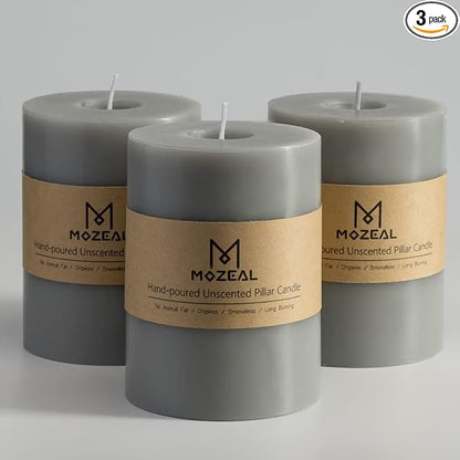 MOZEAL 3" x 4" Hand-Poured Unscented Candle,Dripless Pillar Candle Set of 3,Long Clean