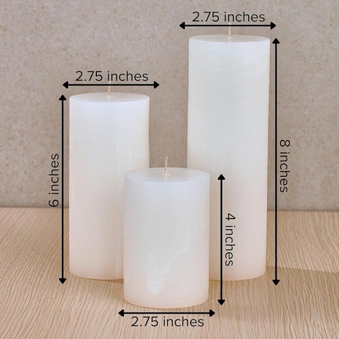 Simply Soson 3x4, 3x6, 3x8 inch White Pillar Candles, Set of 3 Pillar Candles, Rustic Texture