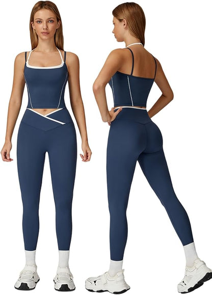 ABOCIW Workout Sets for Women 2 Piece Color Block Strappy Sports Bra High Waist Leggings Gym Yoga