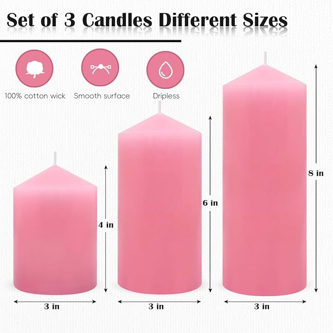 Unscented 3x4 3x6 3x8 Inch Pink Pillar Candles, 3 Packs Dripless Long Lasting Large Solid Pastel