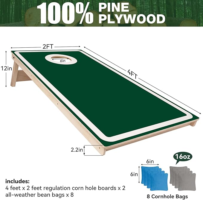 Cornhole Board Set - No Bounce,Regulation Size 4x2 ft,Made of 1/2" Pine Plywood,UV Printing