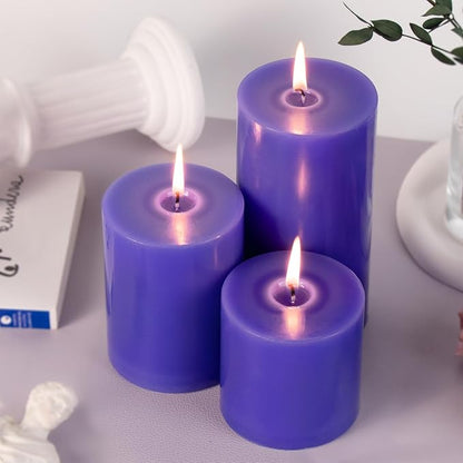 KONNI Violet Pillar Candles Set of 3, 3"x 3" Unscented Pillar Candles Bulk, 30 Hours Long Burning