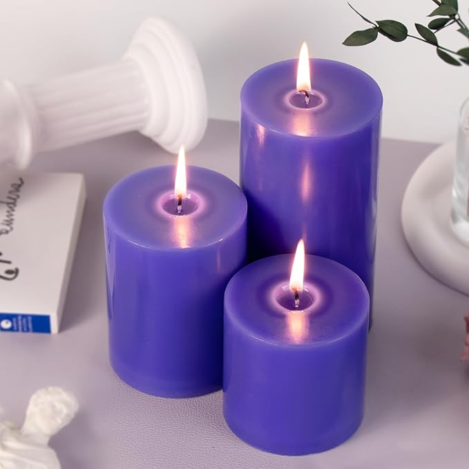 KONNI Violet Pillar Candles Set of 3, 3"x 6" Unscented Pillar Candles Bulk, 56 Hours Long Burning