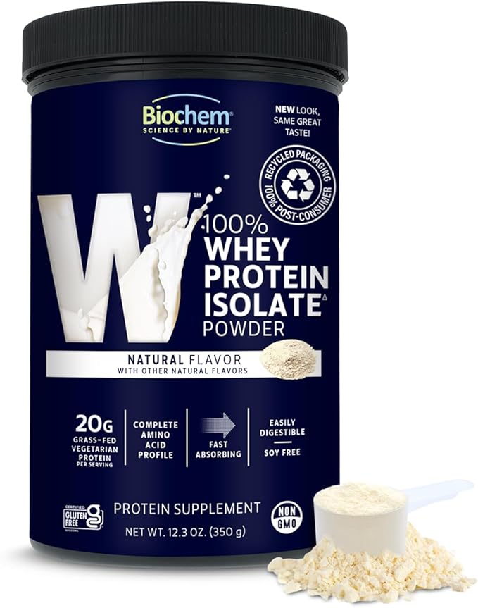 Biochem 100% Whey Isolate Protein - Natural Flavor - 12.3 Ounce, Preworkout & Immune Health - 20g