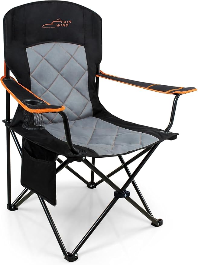 FAIR WIND Oversized Fully Padded Camping Chair, Heavy Duty Quad Fold Chair Arm Chair Support 350