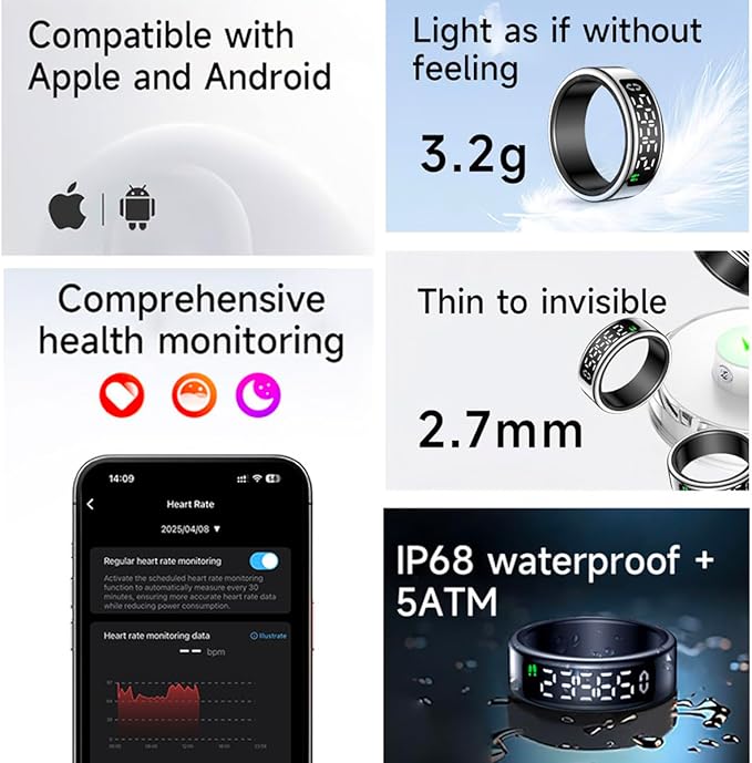 Smart Health Ring with Screen,for Women Men Fitness Tracker with Heart Rate, Blood Oxygen, HRV