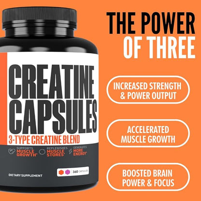 Crazy Muscle Creatine Capsules, 5g of Premium 3X ThreeAtine Pre Workout Bulk Mass Gainer, High