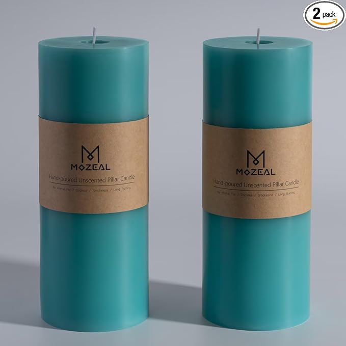 MOZEAL 4" x 10" Extra-Large Turquoise Pillar Candles (Set of 2), Unscented,Dripless, Smokeless,Long