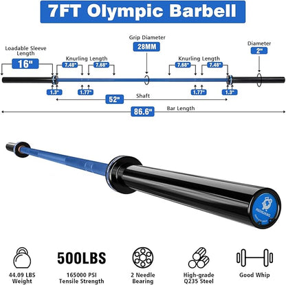 7ft Olympic Barbell, Weightlifting Barbell 28mm 45lb - 500/700/1000lbs Capacity with Smooth