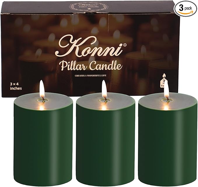 KONNI Navy Green Pillar Candles Set of 3, 3"x 4" Unscented Pillar Candles Bulk, 39 Hours Long
