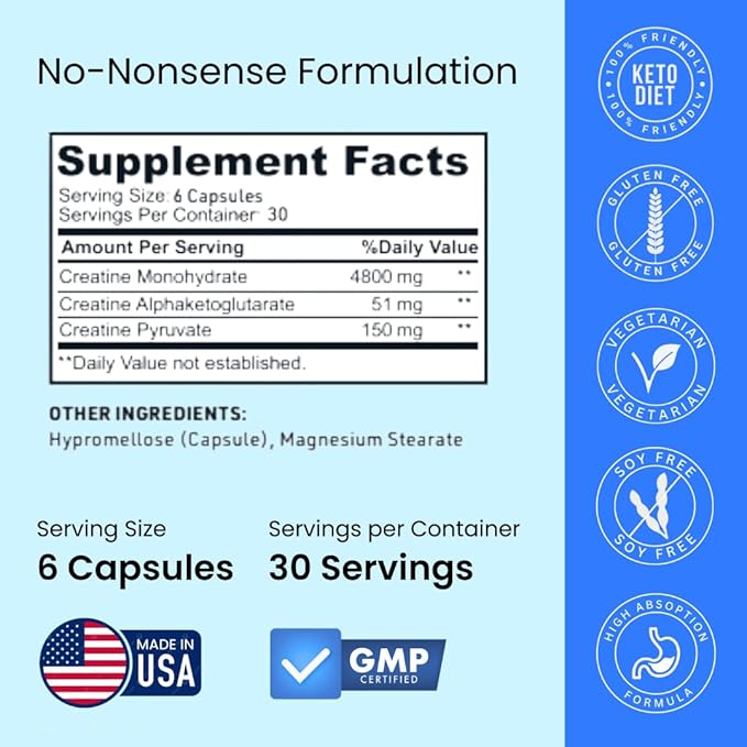 Creatine Capsules, 5g Premium 3X ThreeAtine Pre Workout Bulk Muscle Mass Gainer, High Absorption