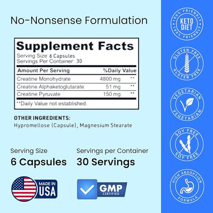 Creatine Capsules, 5g Premium 3X ThreeAtine Pre Workout Bulk Muscle Mass Gainer, High Absorption