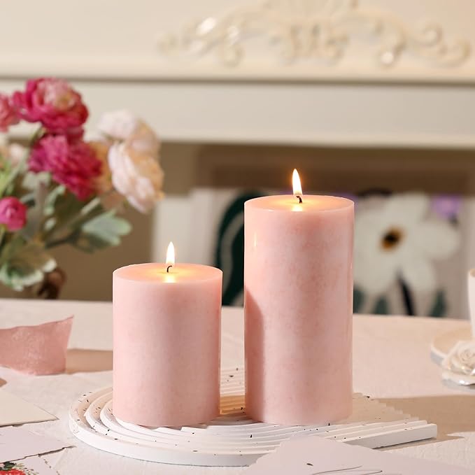 3x4 inch Pink Pillar Candles Set of 3, Unscented Pillar Candle, Dripless and Smokeless Large
