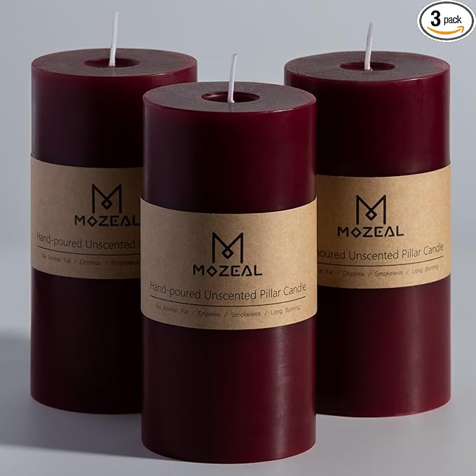 MOZEAL 3" x 6" Hand-Poured Unscented Candle, Dripless Pillar Candle Set of 3, Long Lasting