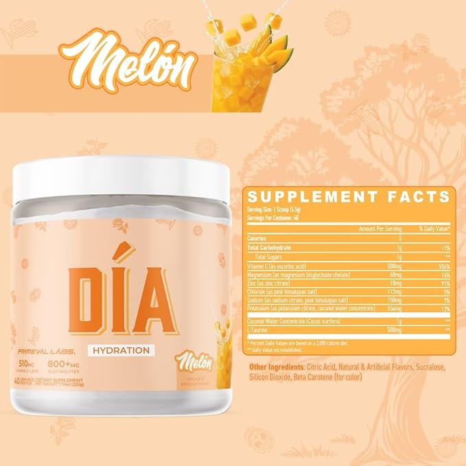 Primeval Labs Dia Hydration Electrolyte Powder | Vitamin C + Zinc, Taurine & Electrolytes | Low