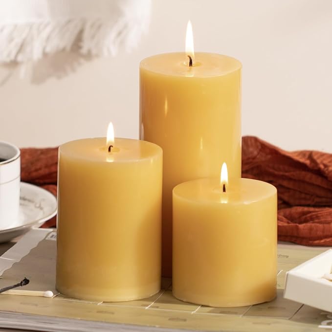 KONNI Mustard Yellow Pillar Candles Set of 3, 3"x 3" Unscented Pillar Candles Bulk, 30 Hours Long
