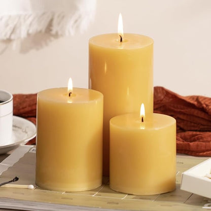 KONNI Mustard Yellow Pillar Candles Set of 3, 3"x 6" Unscented Pillar Candles Bulk, 56 Hours Long