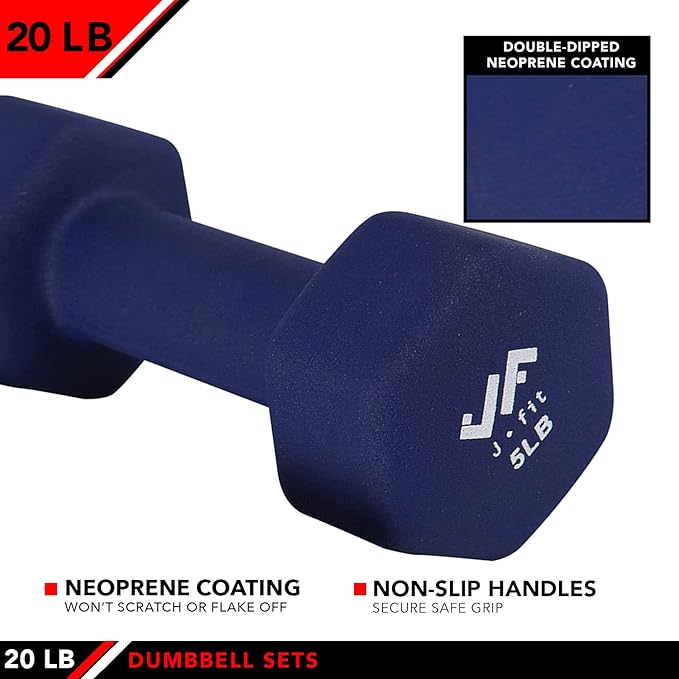 JFIT Dumbbell Pairs or Sets – Neoprene & Vinyl Coated Hand Weights for Home Gym, Strength Training