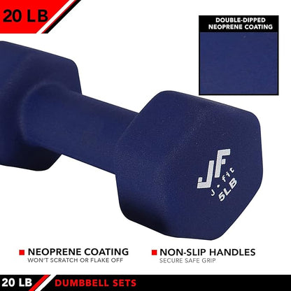 JFIT Dumbbell Pairs or Sets – Neoprene & Vinyl Coated Hand Weights for Home Gym, Strength Training