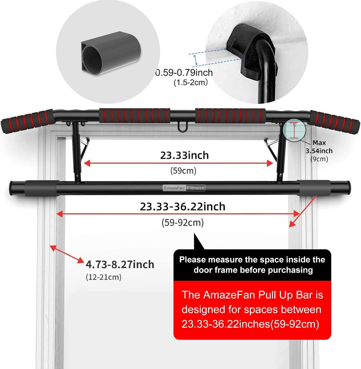 AmazeFan Pull Up Bar, Doorway Mount with Ergonomic Grip - Fitness Chin-Up Frame for Home Gym