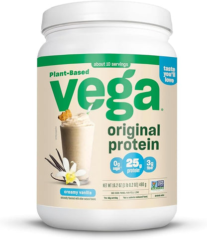 Vega Original Protein Powder, Creamy Vanilla Plant Based Protein Drink Mix for Water, Milk and